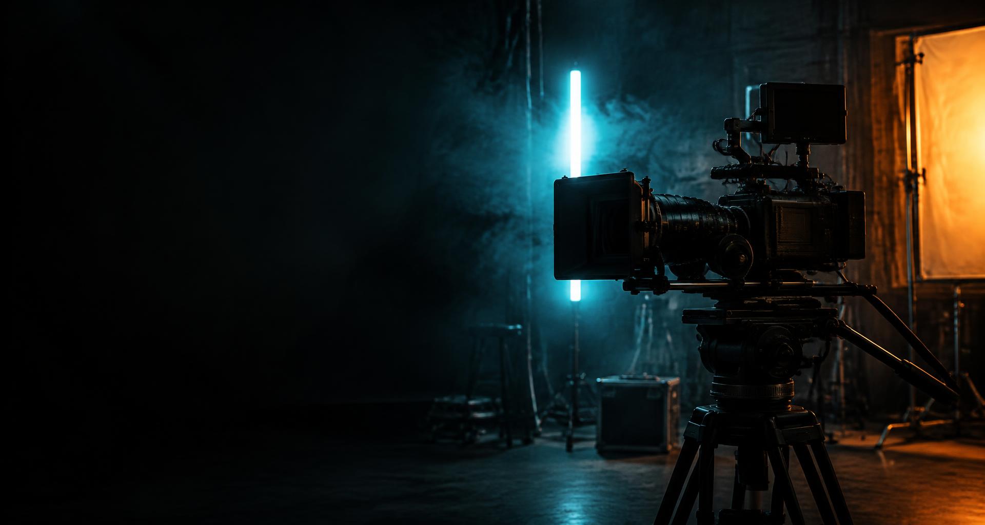 Cinema camera in a studio lit with cyan and orange lights